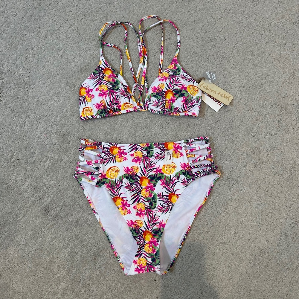 Cabana del Sol Womens‎ Large Tropical Citrus Print High Waisted Bikini Swimsuit